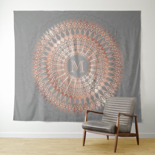 Rose Gold Gray Mandala Monogram Tapestry