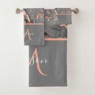 Rose Gold & Gray Marble Monogram Luxury Bath Bath  Towel Set