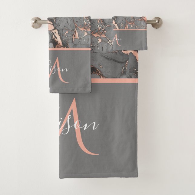 Rose Gold & Gray Marble Monogram Luxury Bath Bath  Towel Set (Insitu)