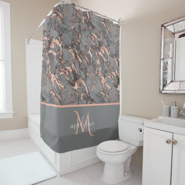Rose Gold & Gray Marble Monogram Luxury  Shower Curtain (In Situ)