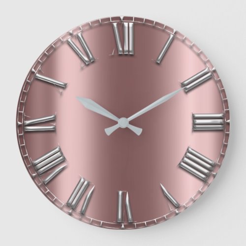 Rose Gold Gray Metal Blush Silver Roman Numbers Large Clock