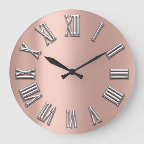 Rose Gold Gray Metal Gray Silver Roman Number Large Clock