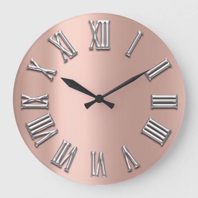 Rose Gold Gray Metal Gray Silver Roman Number Large Clock (Front)