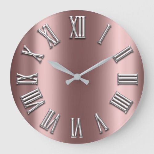 Rose Gold Gray Metal Grey Silver Roman Number Large Clock