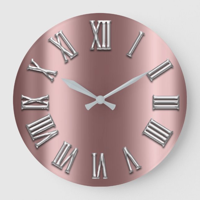 Rose Gold Gray Metal Grey Silver Roman Number Large Clock (Front)