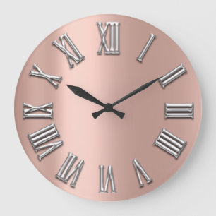 Rose Gold Gray Metal Grey Silver Roman Number Large Clock