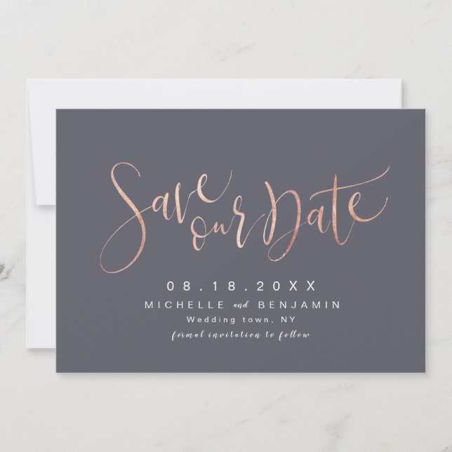 Rose Gold Gray Modern Simple Script Save The Date (Front)