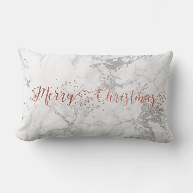 Rose Gold Gray Silver White Marble Merry Christmas Lumbar Pillow (Front)