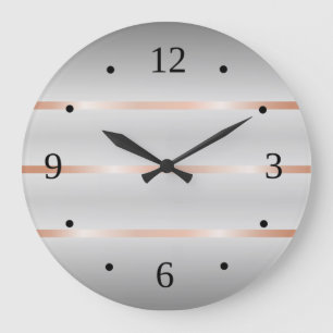 Rose Gold Gray Stripes Large Clock