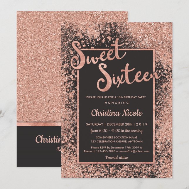 Rose Gold Gray Sweet 16, Trendy Glitter Invitation (Front/Back)