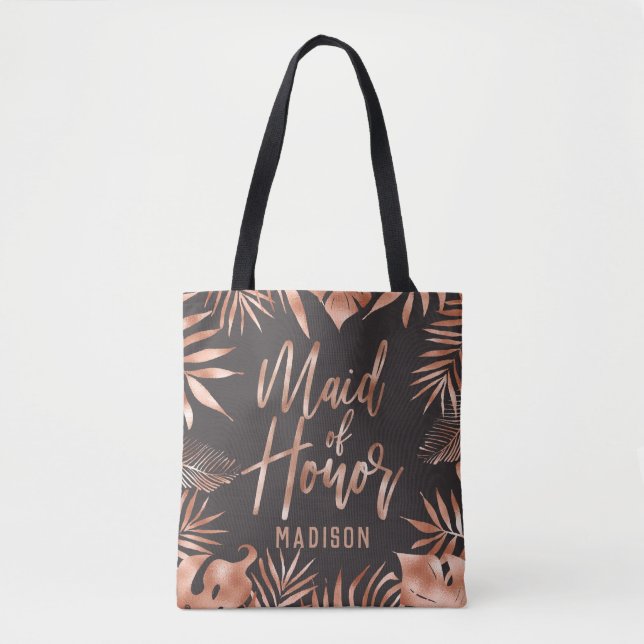 Rose Gold & Gray Tropical Palm Leaf Maid of Honor Tote Bag (Front)