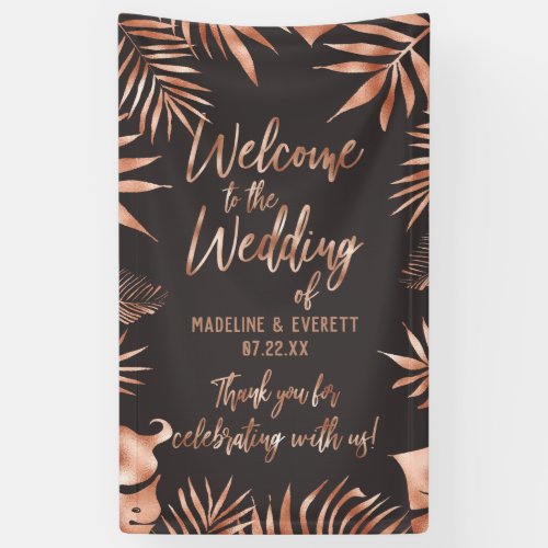 Rose Gold Gray Tropical Palm Leaf Wedding Welcome Banner