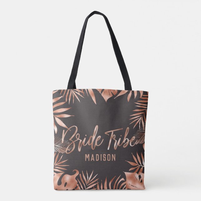 Rose Gold & Gray Tropical Palm Leaves Bride Tribe Tote Bag (Back)