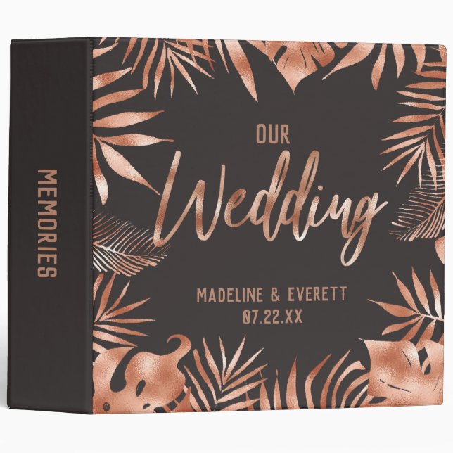 Rose Gold & Gray Tropical Palm Wedding Photo Album 3 Ring Binder (Front/Spine)