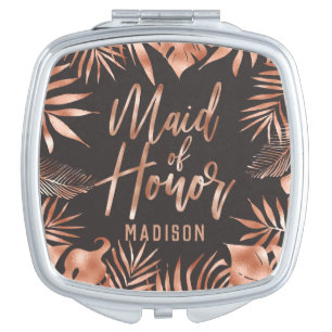 Rose Gold & Gray Tropical Wedding Maid of Honor Compact Mirror