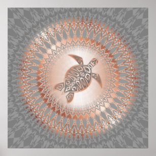 Rose Gold Gray Turtle And Mandala Poster
