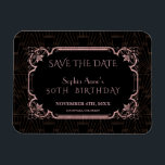 Rose Gold Great Gatsby Birthday Save The Date Magnet<br><div class="desc">Romantic,  Vintage card design featuring a Great Gatsby rose gold art deco style,  a Roaring 1920's old Hollywood style,  on rose gold art deco pattern on black background. Use Personalize tool to add your information. For more,  visit please,  my Rose Gold Great Gatsby Collection.</div>