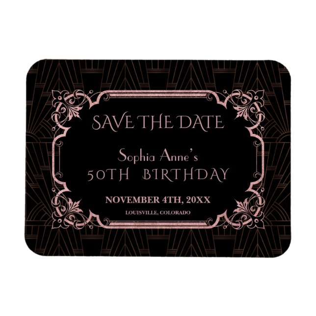 Rose Gold Great Gatsby Birthday Save The Date Magnet (Horizontal)