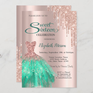 Rose Gold Green Dress Sweet 16 Invitation
