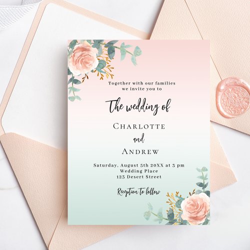 Rose gold green florals budget wedding invitation flyer
