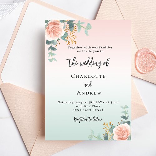 Rose gold green florals luxury wedding invitation