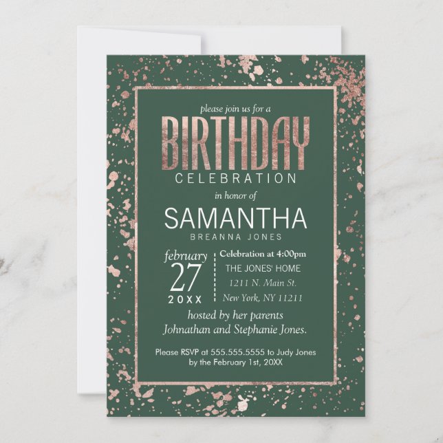 Rose Gold Green Paint Splatters Birthday Party Invitation (Front)