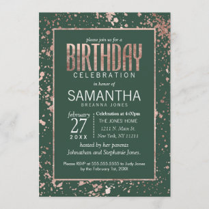 Rose Gold Green Paint Splatters Birthday Party Invitation