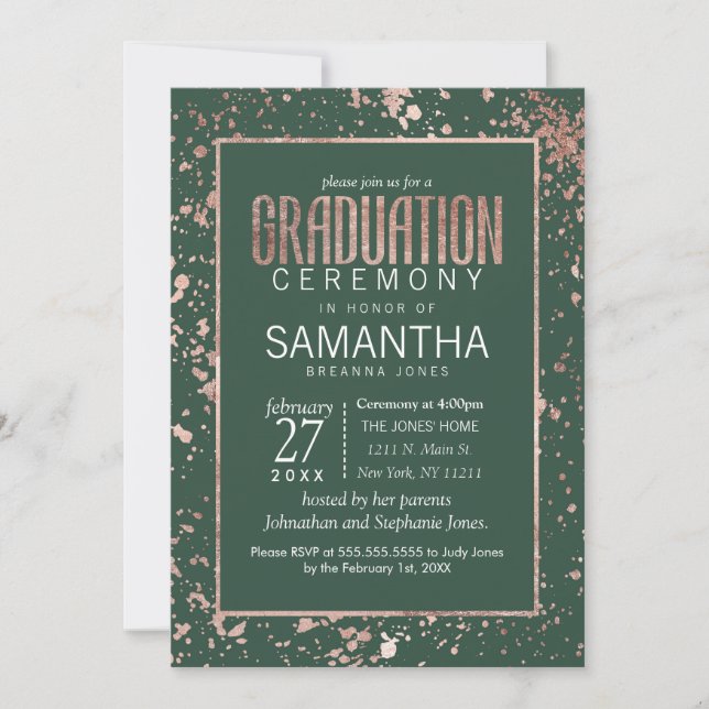 Rose Gold Green Paint Splatters Graduation Invitation (Front)
