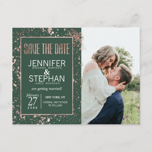 Rose Gold Green Paint Splatters Save the Date Announcement Postcard