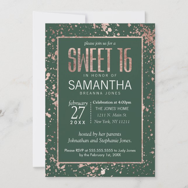 Rose Gold Green Paint Splatters Sweet 16 Invitation (Front)
