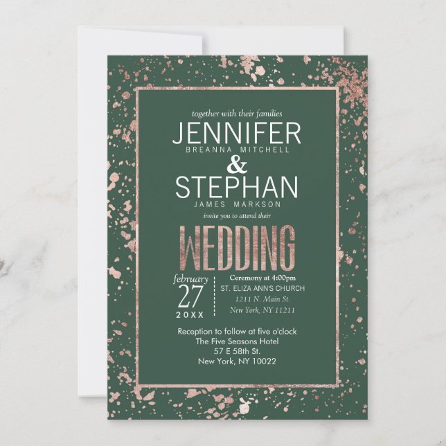 Rose Gold Green Paint Splatters Wedding Invite (Front)
