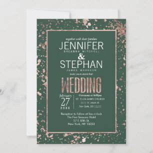 Rose Gold Green Paint Splatters Wedding Invite