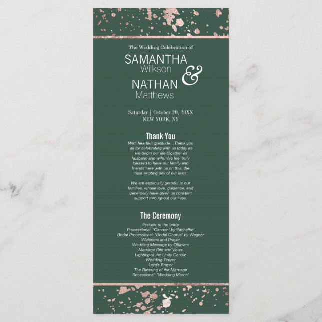 Rose Gold Green Paint Splatters Wedding Program (Front)
