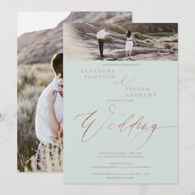 Rose gold green script elegant 2 photos wedding invitation (Front/Back)