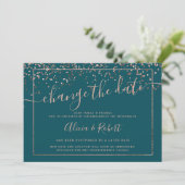 Rose gold green script wedding change the date invitation (Standing Front)
