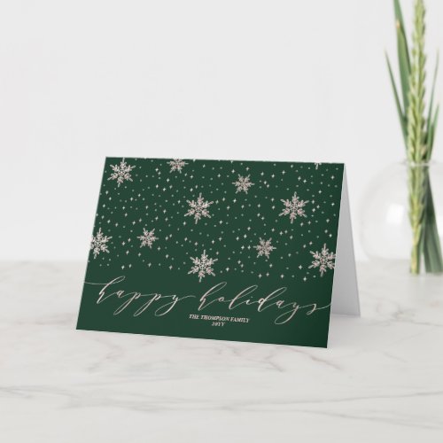 Rose gold  Green Snowflakes Happy Holidays Holiday Card