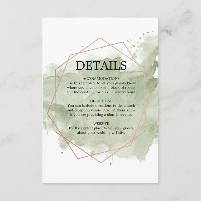 Rose Gold & Green Watercolor Wedding Details Card (Front)