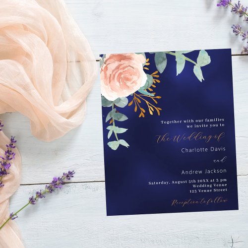 Rose gold greenery blue budget wedding invitation