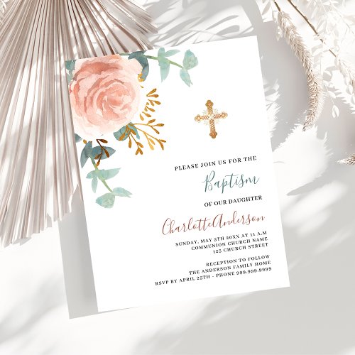 Rose gold greenery cross budget baptism invitation