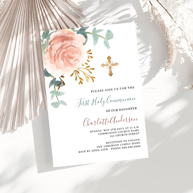 Rose gold greenery cross first holy communion invitation (Creator Uploaded)