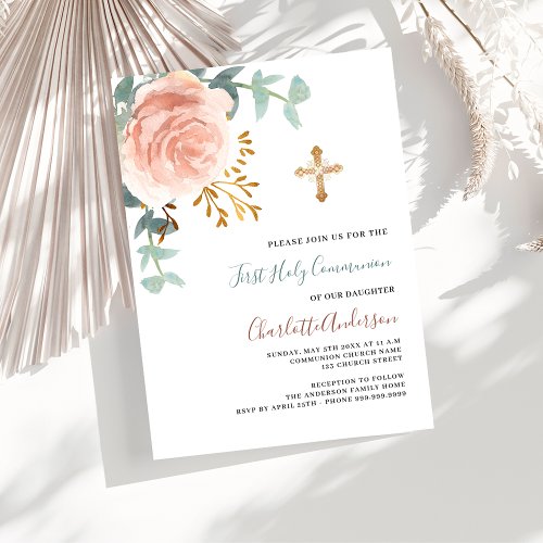 Rose gold greenery cross first holy communion invitation postcard