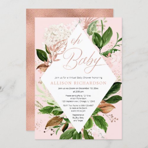 Rose gold greenery floral Virtual Baby Shower girl Invitation