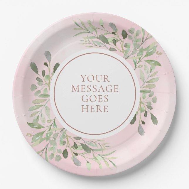 Rose Gold Greenery Leaves Celebration Paper Plates (Front)