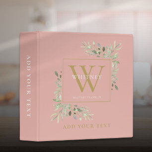 Rose Gold Greenery Leaves Monogram Office School 3 Ring Binder