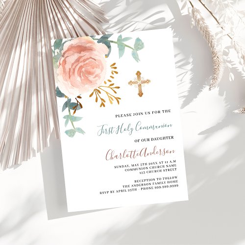 Rose gold greenery luxury first holy communion invitation