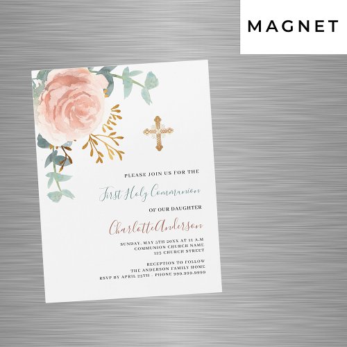 Rose gold greenery luxury first holy communion magnetic invitation