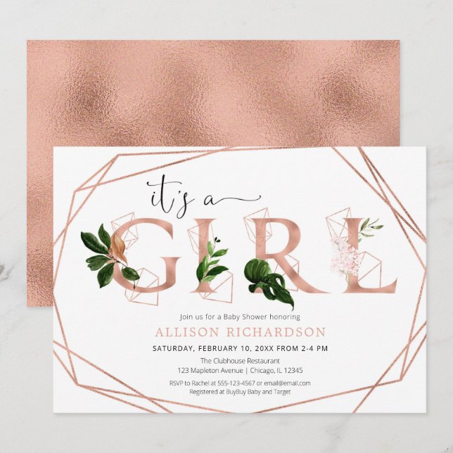 Rose gold greenery modern girl baby shower invitation (Front/Back)