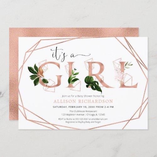 Rose gold greenery modern girl baby shower invitation