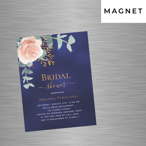 Rose gold greenery navy blue luxury Bridal Shower Magnetic Invitation