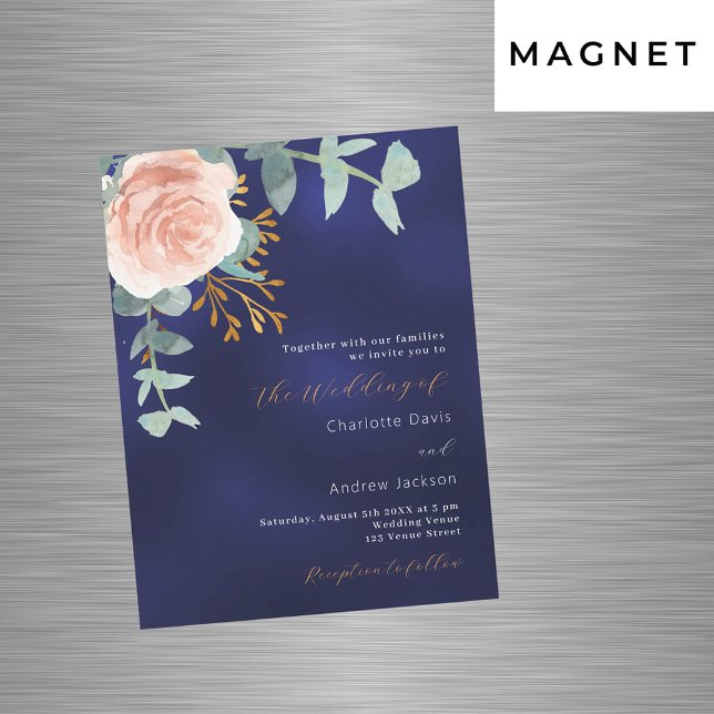 Rose gold greenery navy blue luxury wedding magnetic invitation (Creator Uploaded)
